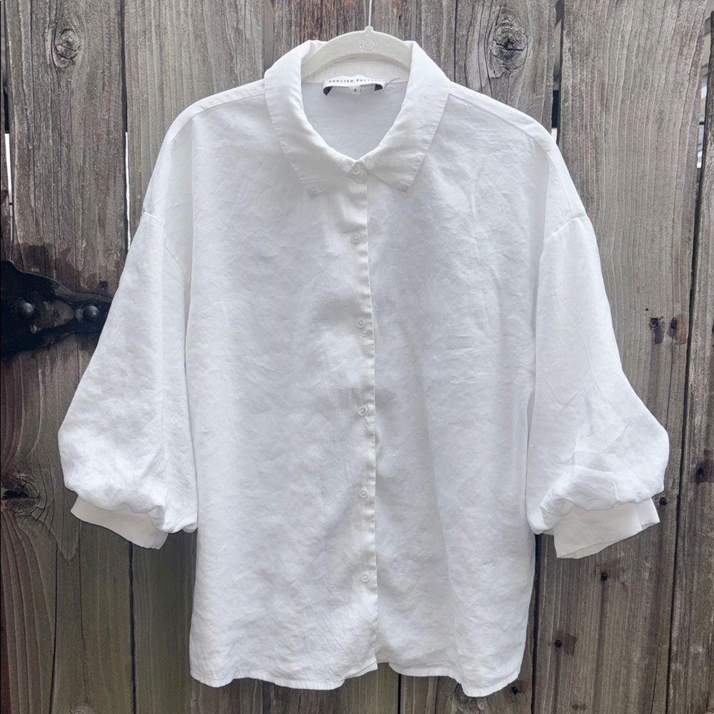 ANTHRO English Factory Boho Blouse Top White Button Down Puff Sleeve Small